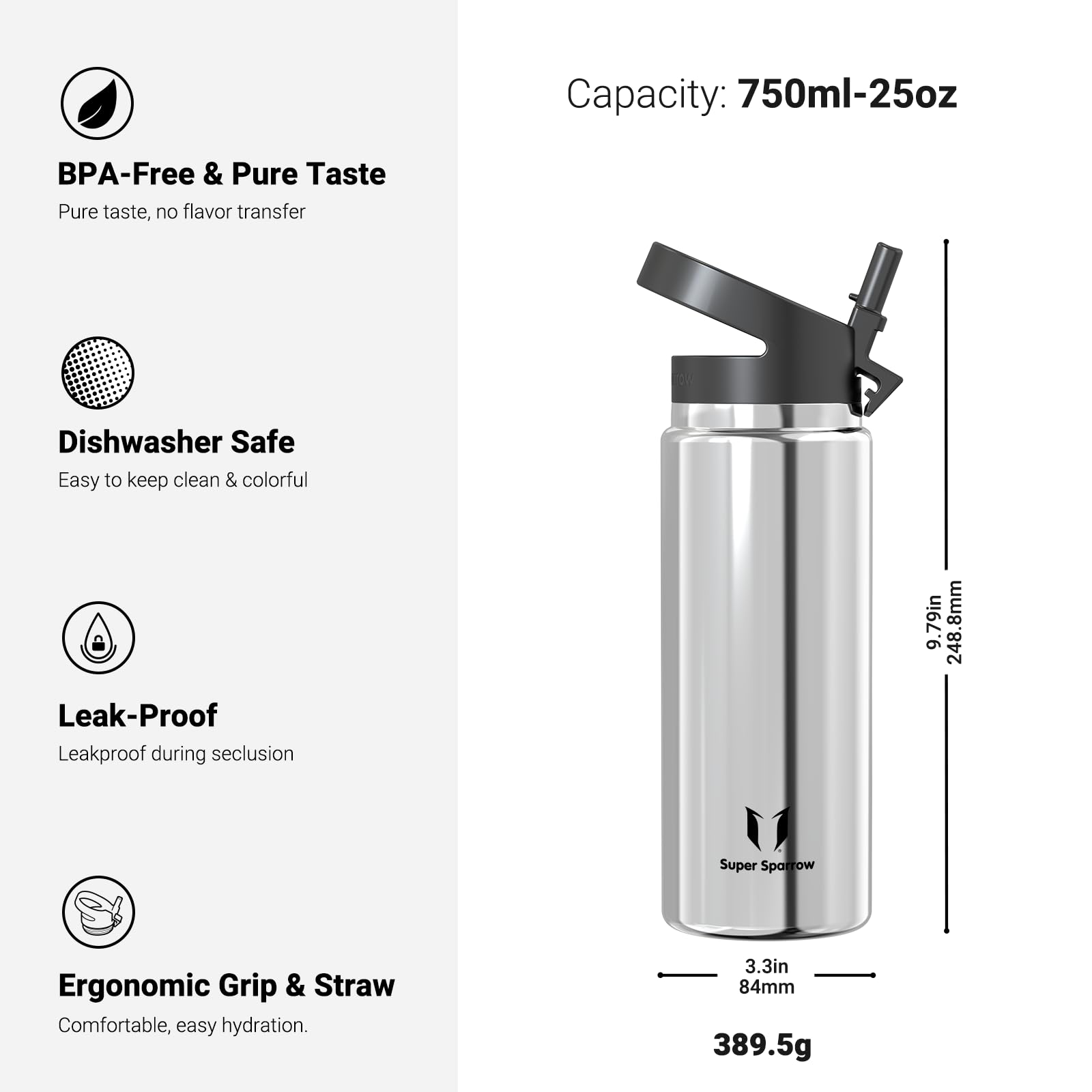 Super Sparrow Borraccia Termica - 500ml, 750ml, 1L - SwivelSip Inox Bottiglia - Senza BPA Borracce Termiche, Borraccia Bambini Ergonomica per Scuola, Sportiva, Bici, Campeggio, Palestra