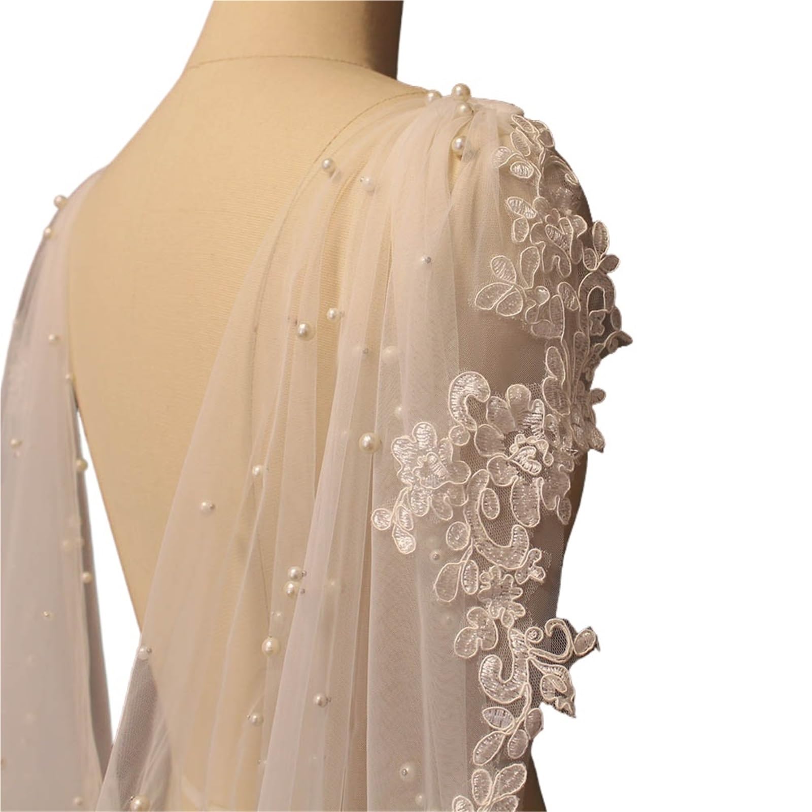 Chal Boda para Mujer Capa de Encaje Nupcial con Perlas: Chaqueta de Novia de 2,5 m con Ribete de Encaje, Color Blanco(300cm)