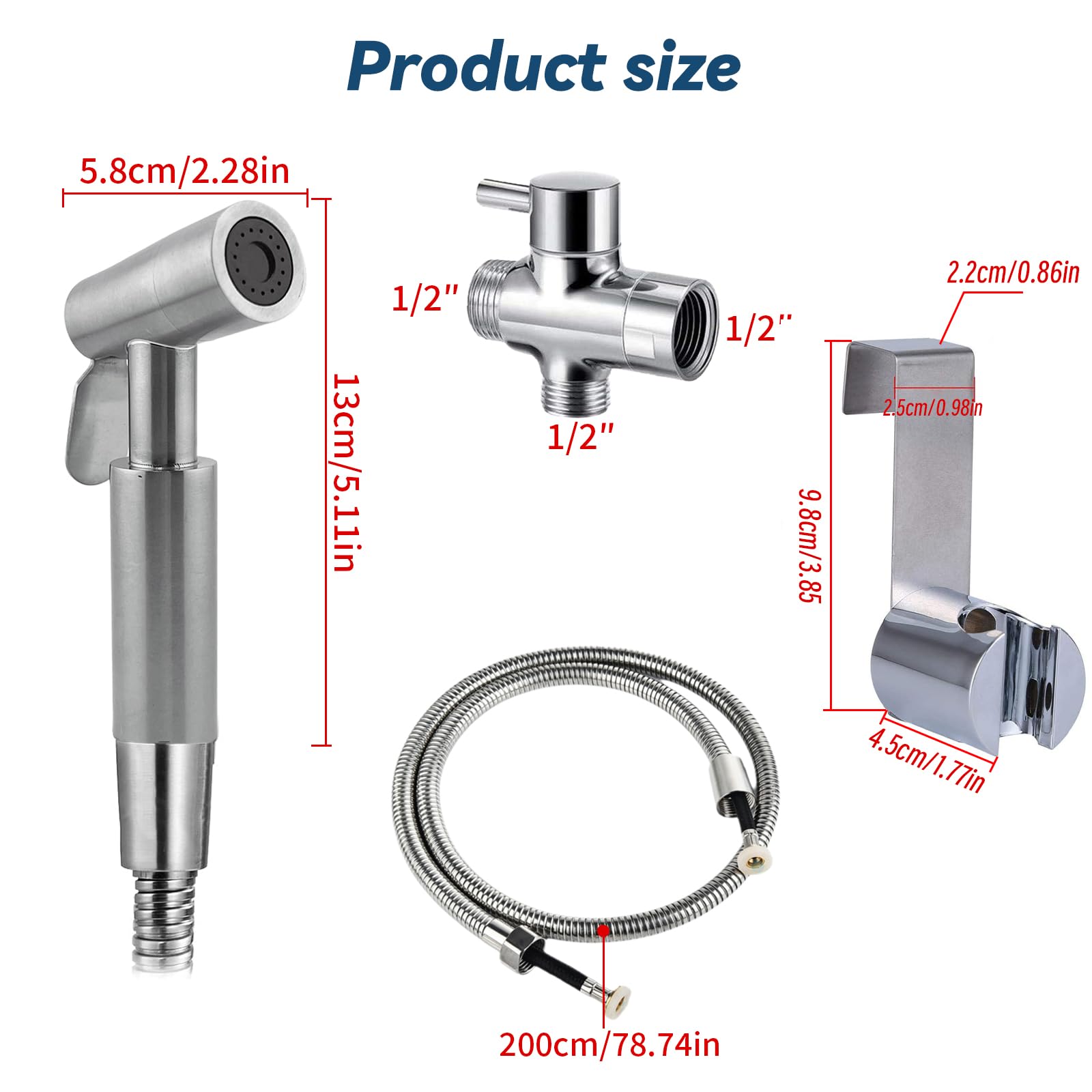 Douchette de salle de bain pour bidet, en acier inoxydable, avec valve à 3 voies (1/2-3/8"), parfaite pour l'hygiène personnelle, l'entretien du nettoyage