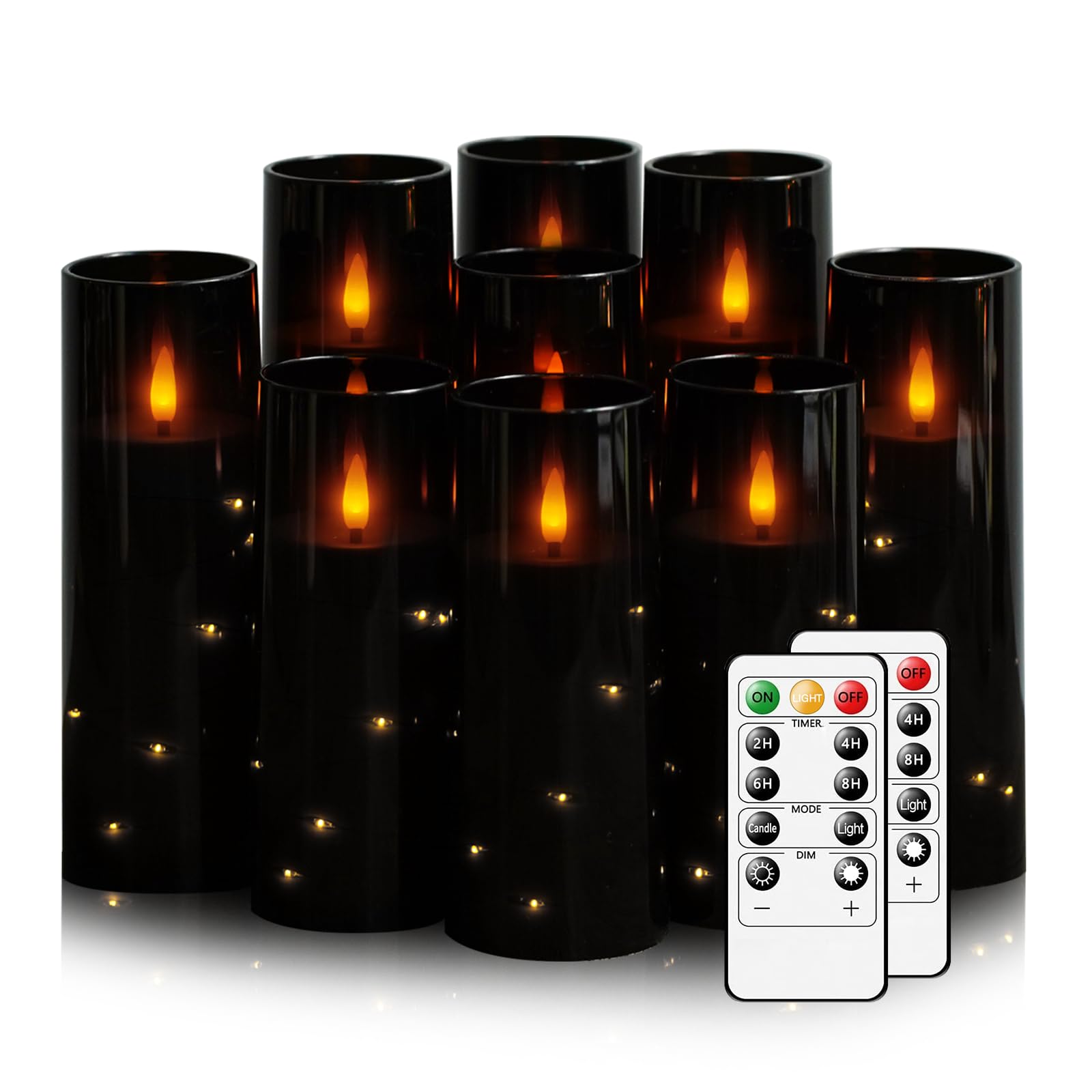 Nimiko Flickering Flameless LED Candles, 9 Pcs with Embedded Star String, Acrylic LED Pillar Candles with Remote, Suitable for Home Decoration (Black)