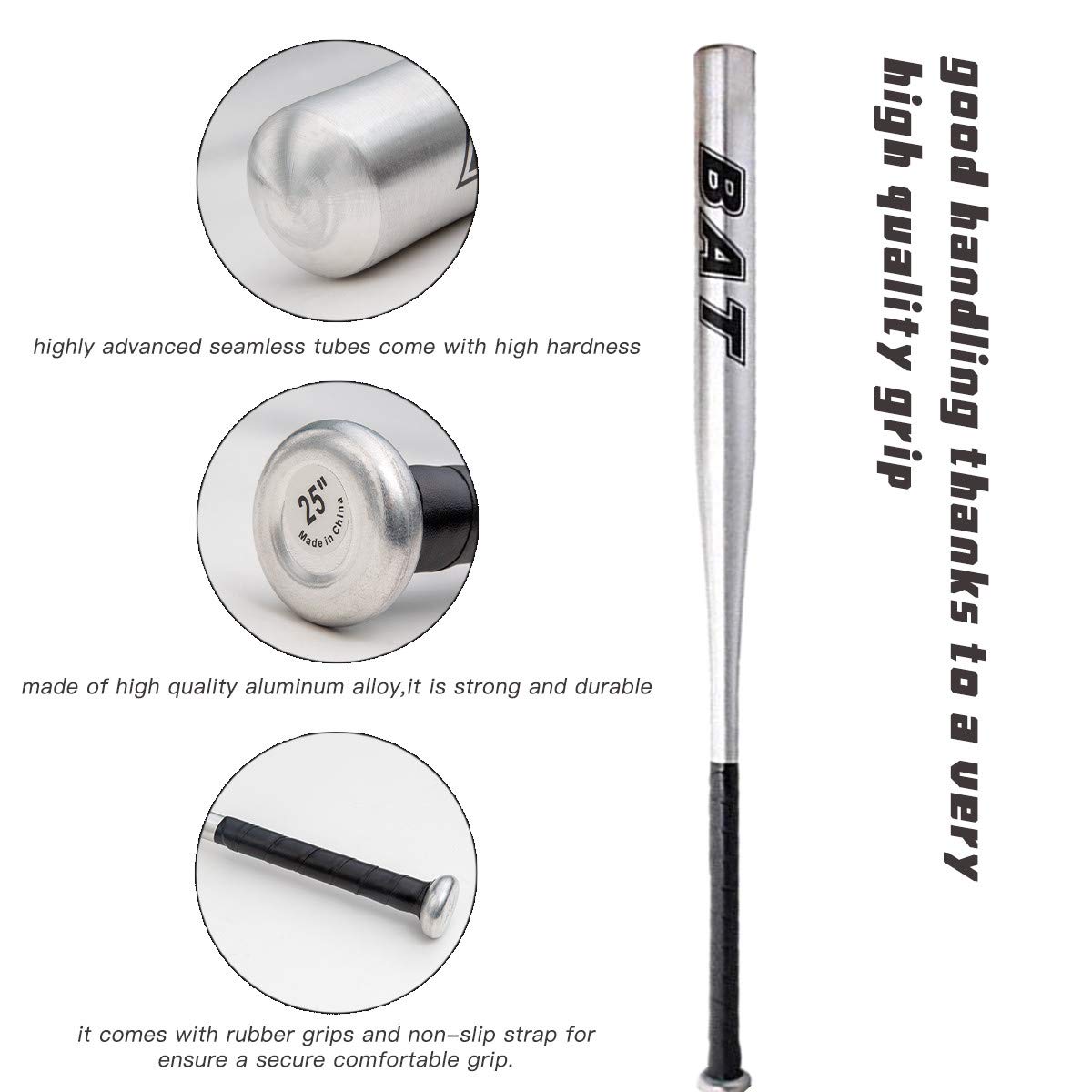 Batte de Baseball Aluminium 34 Pouces Bleu Noir Argent au Choix Batte Base-Ball métal Adulte Pro Léger pour Exercice Joueurs Jeu Homme Femme 86cm de Longueur Solide Durable à la Mode (Argent)