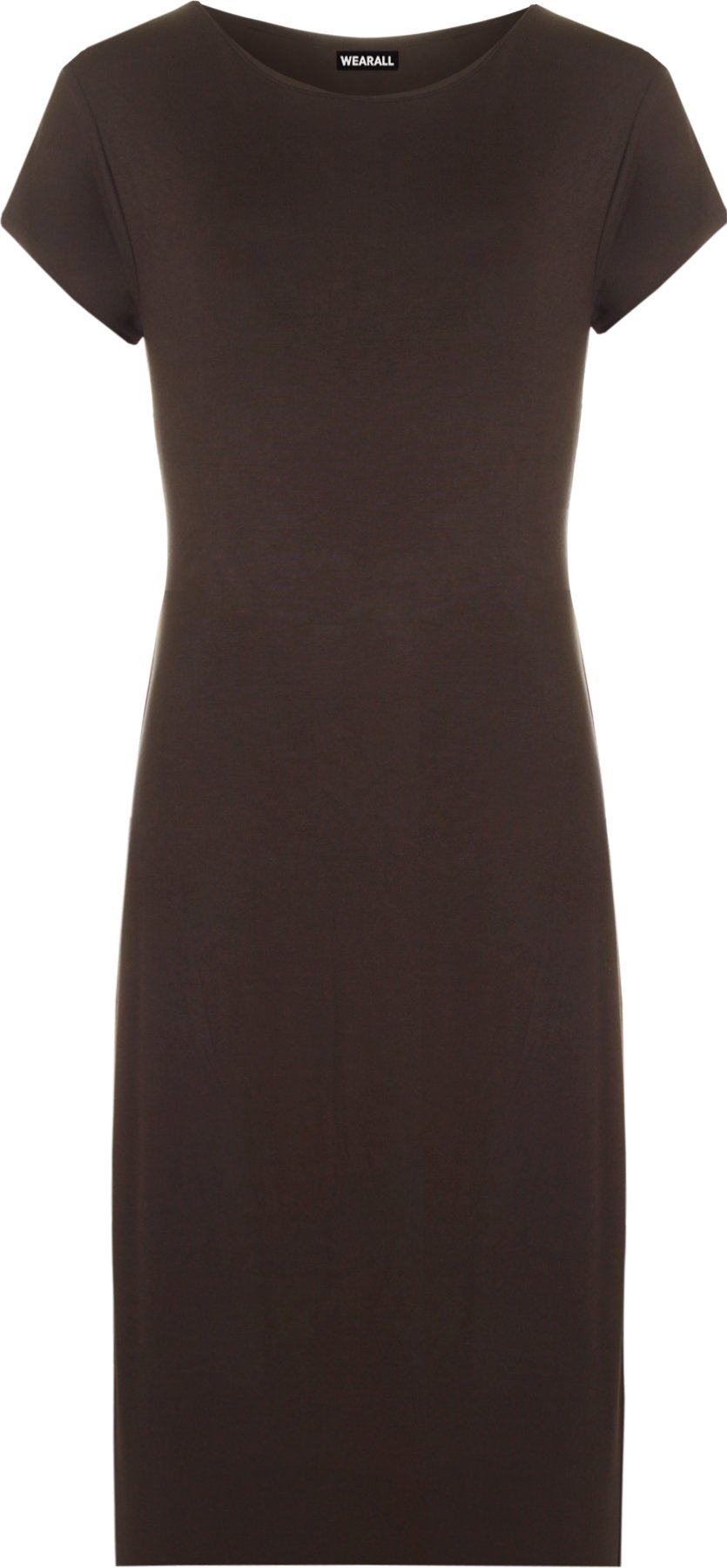 WearAll Womens Plus Size Plain Short Sleeve Stretch Ladies Jersey Midi Dress - Brown - 20/22