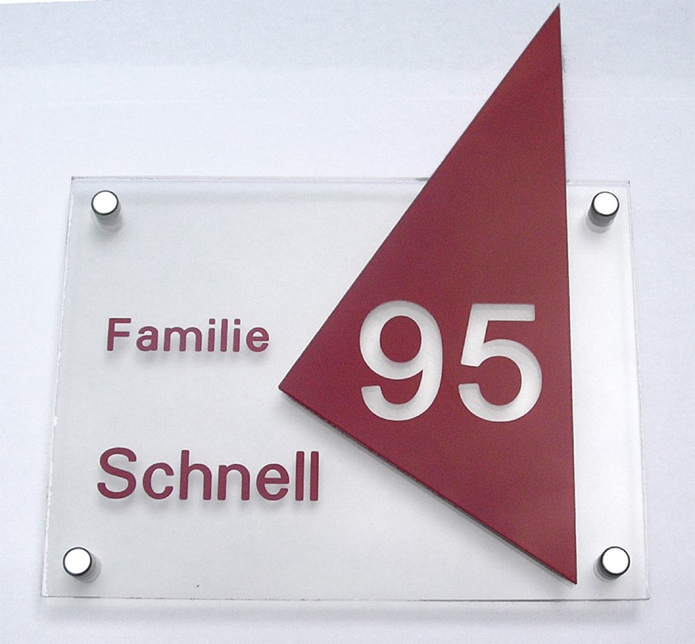 Modernes Namensschild/Türschild D1 made by GravUp mit Hausnummer : Gravur nach Wunsch - Aluminium im Edelstahloptik Acrylglas. + 4er Set Edelstahl V2A Zierkappen + Gewinderingen.