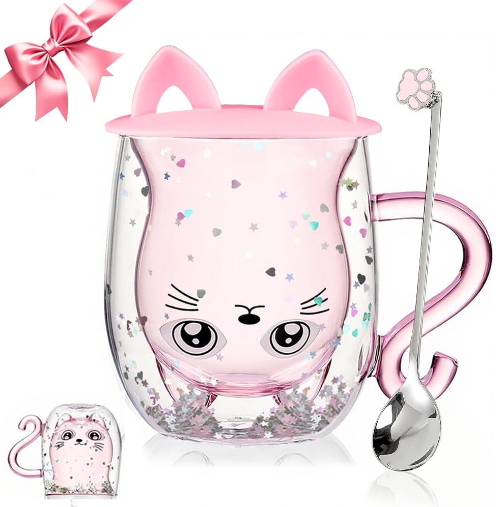 Gifts for Women Cat Gifts Double Walled Glass Coffee Latte Cup Cute Stuff Cat Mug Gifts for Her Christmas Stocking Fillers,Birthday,Valentines,Halloween Presents for Women,Kid,Mum,Teacher