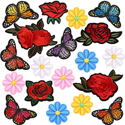 19 PCS Butterfly Iron On Patches Rose Embroidery Patch Sunflowers Appliques Flowers Sew On Stickers Repair Badges Logo for DIY Craft Decor Backpack, Hats, Jackets, Shirts, Vests, Shoes, Jeans