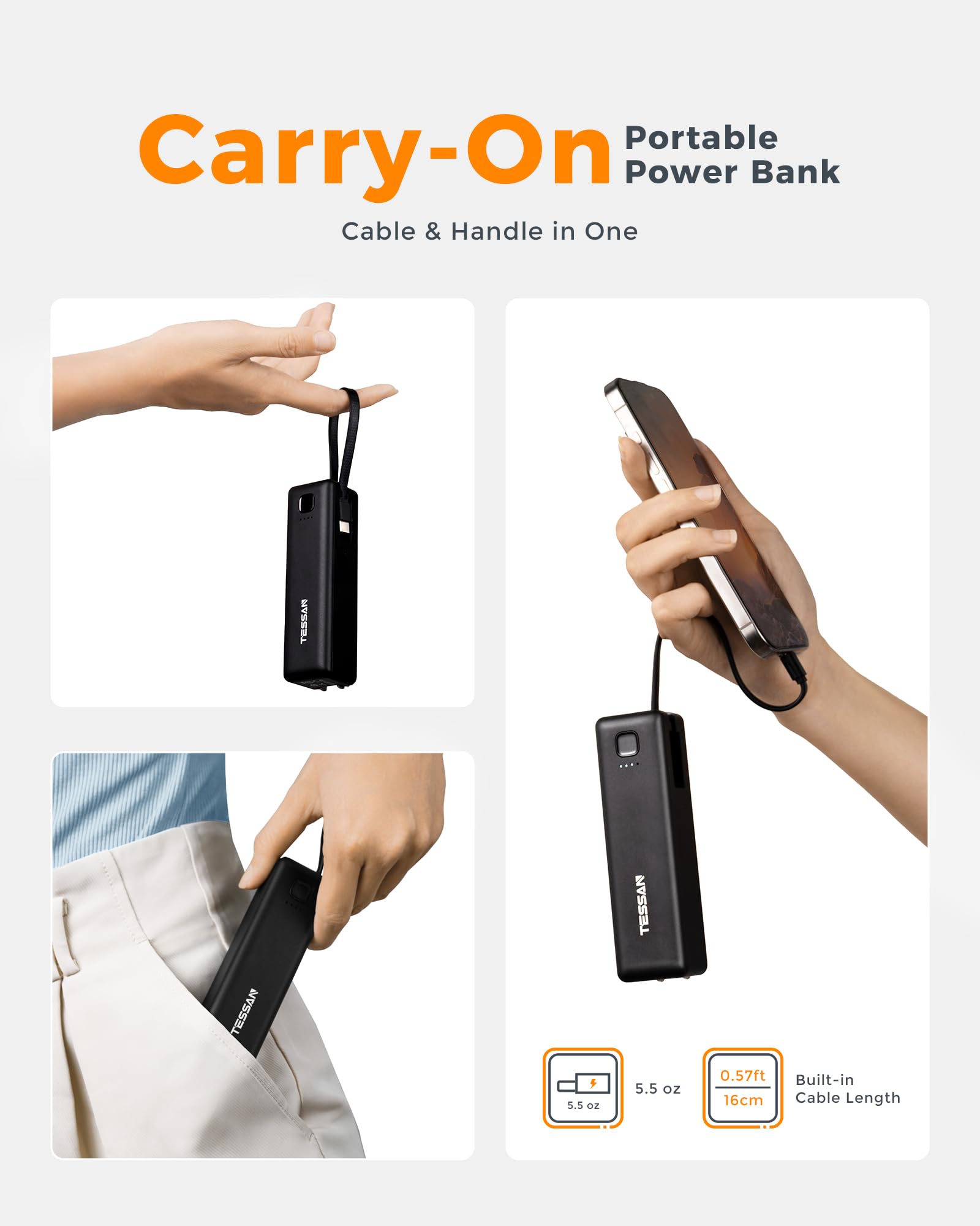 TESSAN Portable Charger Power Bank, 3 in 1 Battery Pack 20W Fast Charging with Built-in Cable USB C, 5000mAh AC Outlet Charger for iPhone 16/15 Series, Samsung, Tablets