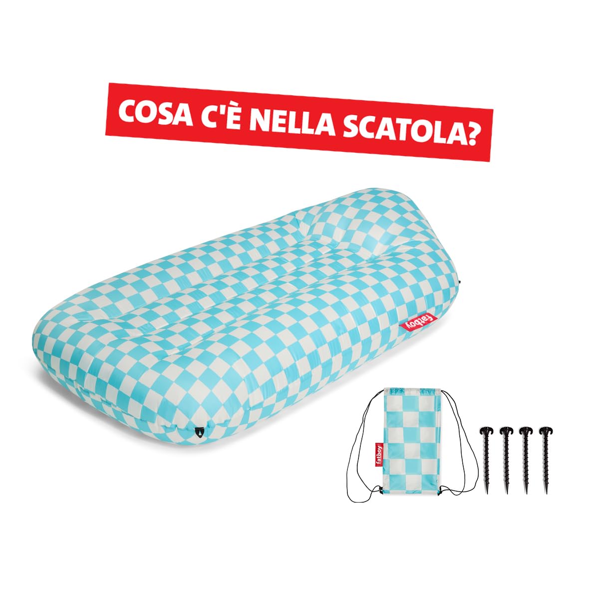 Fatboy Lamzac L Inflatable Sofa Lounger – No-Pump Air Sofa for Indoors & Outdoors use, Camping, Adults & Kids | Singolo |Chess Azur | 195 x 112 x 55 cm