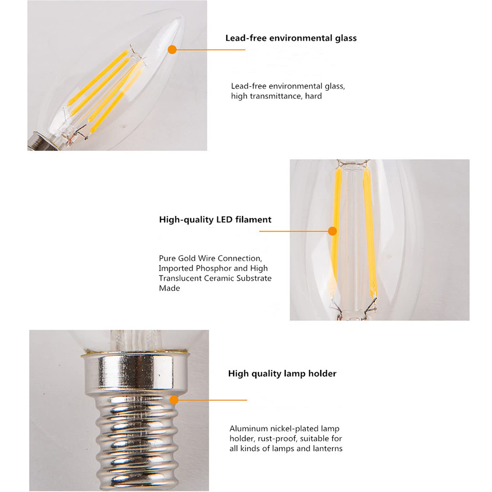 Lampadina a candelabro LED dimmerabile 4 W, equivalente a 40 W 400 lm, Lampadine a candelabro con filamento LED Base E12, Lampadine decorative a candela C35 in vetro trasparente Edison antico, Confez