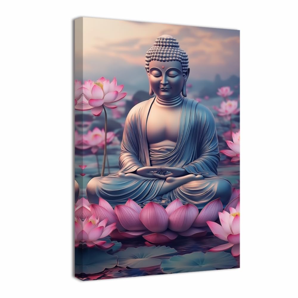 LMYSXAOZ Buddha Canvas Wall Art Pink Lotus Painting Print Zen Poster Meditation Spiritual Room Decor Frame(Pink,20.00" x 30.00")