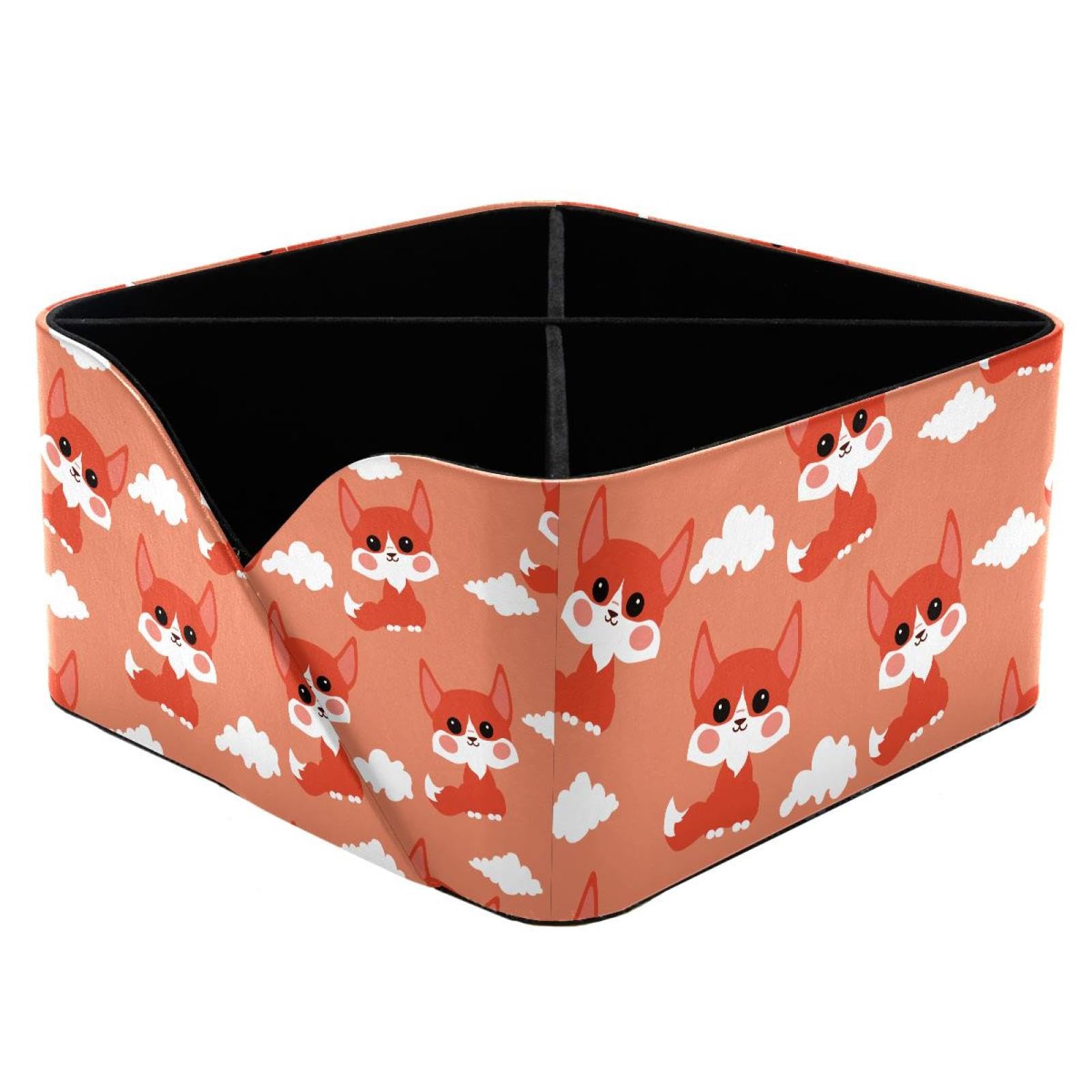 KengjuTesu Cute Fox and Clouds Pattern Desktop Organizer Pen Holder, Rectangular Pencil Cup for Office, Study and Makeup Stations