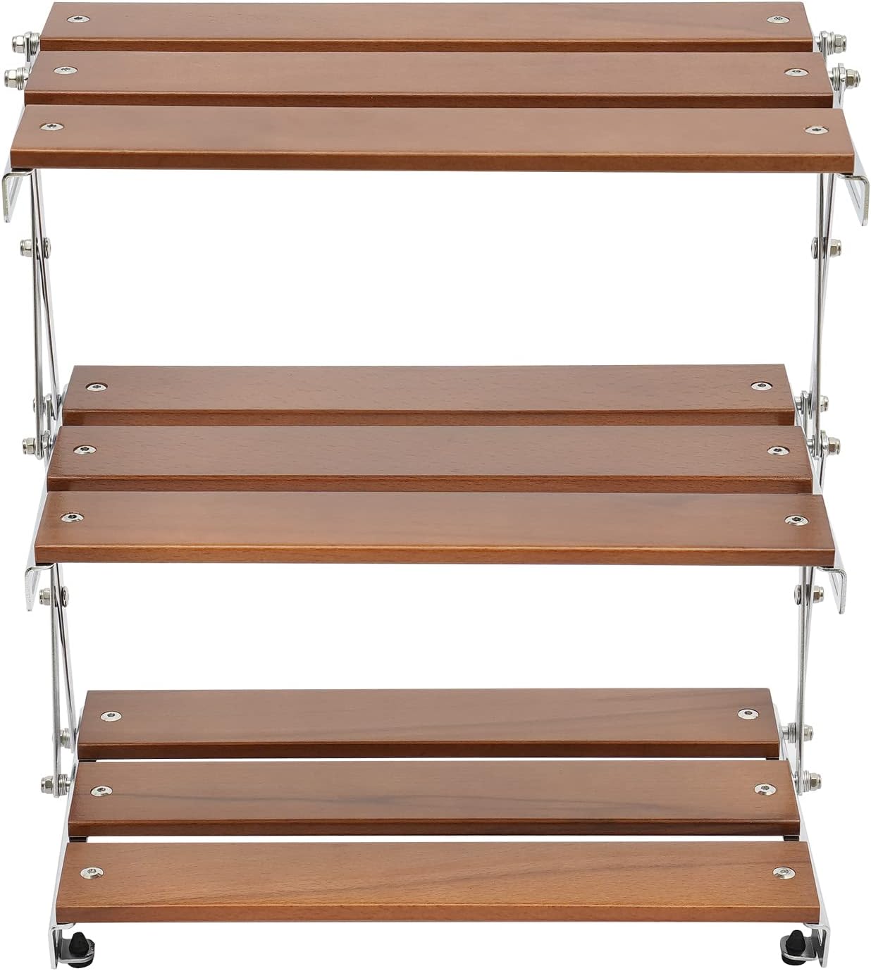 BBQ Shelf, Folding Grill Storage Rack, 3-Tier Wood Desktop Camping Shelves, Metal Foldable Lightweight Storage Shelving Unit (22.05 lbs Load Capacity), Steel Organizer Stand for Outdoor