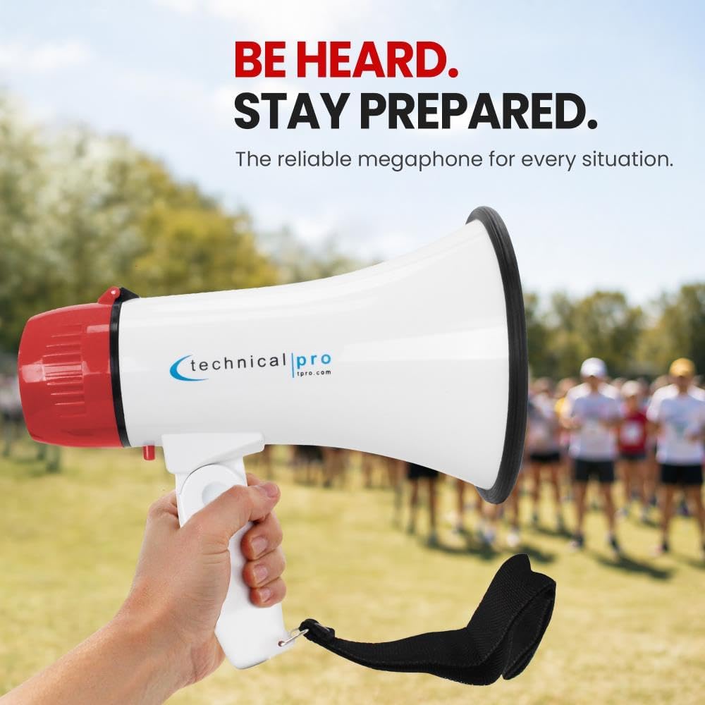 Technical Pro 50W Portable Megaphone Bullhorn w/ 1000 ft Range, Recording Function, Police Siren, Volume Control, Built-in Microphone, Strap, for Coaches, Trainers, Soccer, Football & Baseball, Red