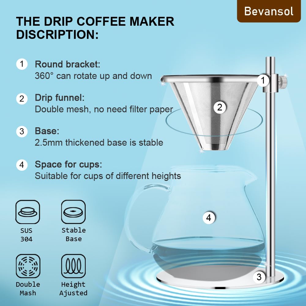 Stainless Steel Pour Over Coffee Maker - Adjustable Stand -4