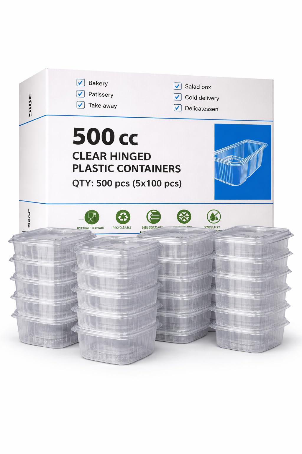 e-lite® Premium 500cc Clear Hinged Flat Lid Rectangle Food Containers rPET Leak Proof Deli Savoury Salad Pasta Takeaway Boxes 500 Pack