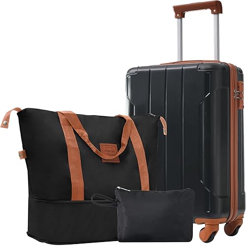 Merax Carry On Luggage Set 3 Piece, Hard Shell Suitcases with Wheels Aluminum Alloy Corner, TSA Luggage Suitcase for Travel Woman Men(Black Brown)