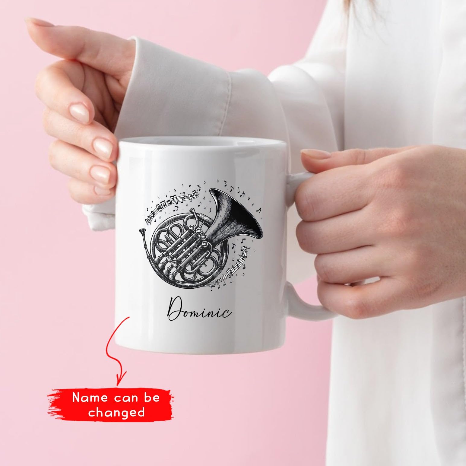 Custom Name French Horn Coffee Cup Gifts For Musicians Music Players, Personalized French Horn Pencil Drawing Travel Teacup, 11oz 15oz Ceramic Mug Gifts For French Horn Players, French Horn Gifts