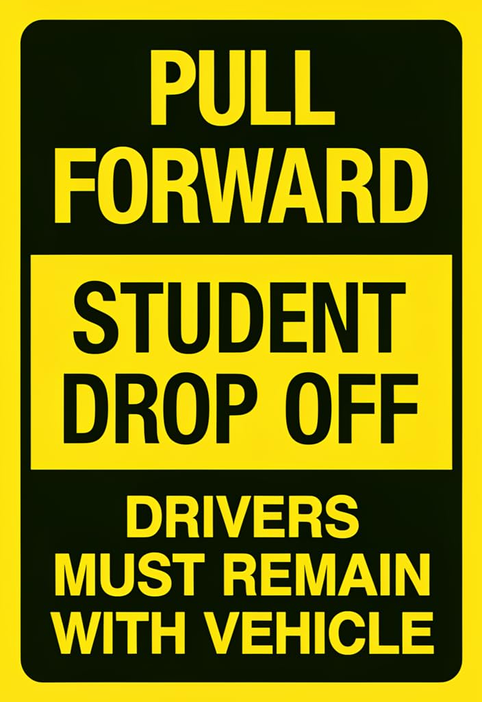peiyeety Pull Forward Student Drop Off Tin Sign 12x8 Inch, Black & Yellow Metal Wall Decor Plaque with Bold Safety Message, Rustic School Traffic Reminder Sign for Office, Hallway, Entryway Gift