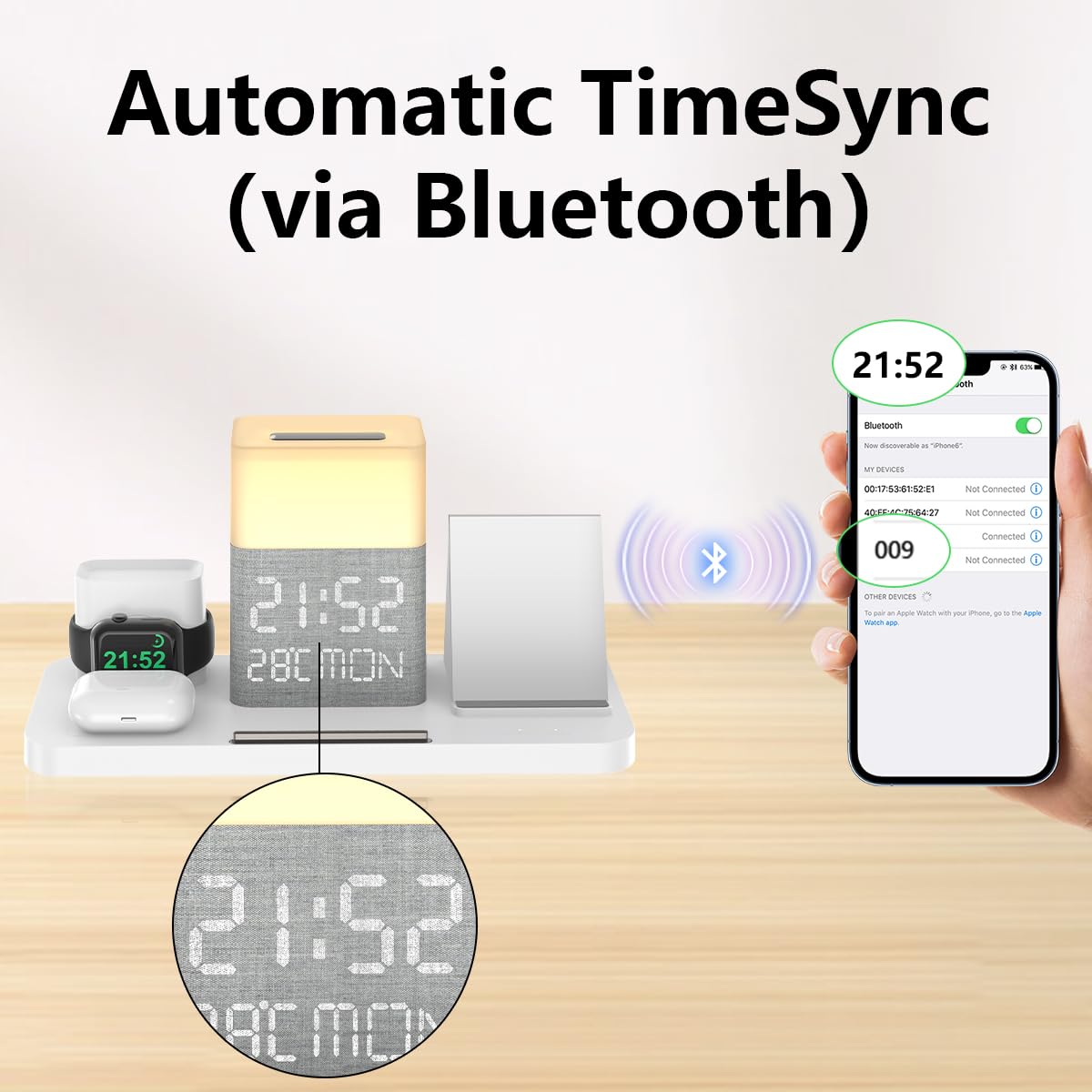 6 in 1 stazione di ricarica con orologio, caricatore wireless con luce notturna, temperatura Bluetooth TimeSync, adattatore 30W, stazione di ricarica rapida per iPhone 15/14/13/12 e Earbuds & iWatch