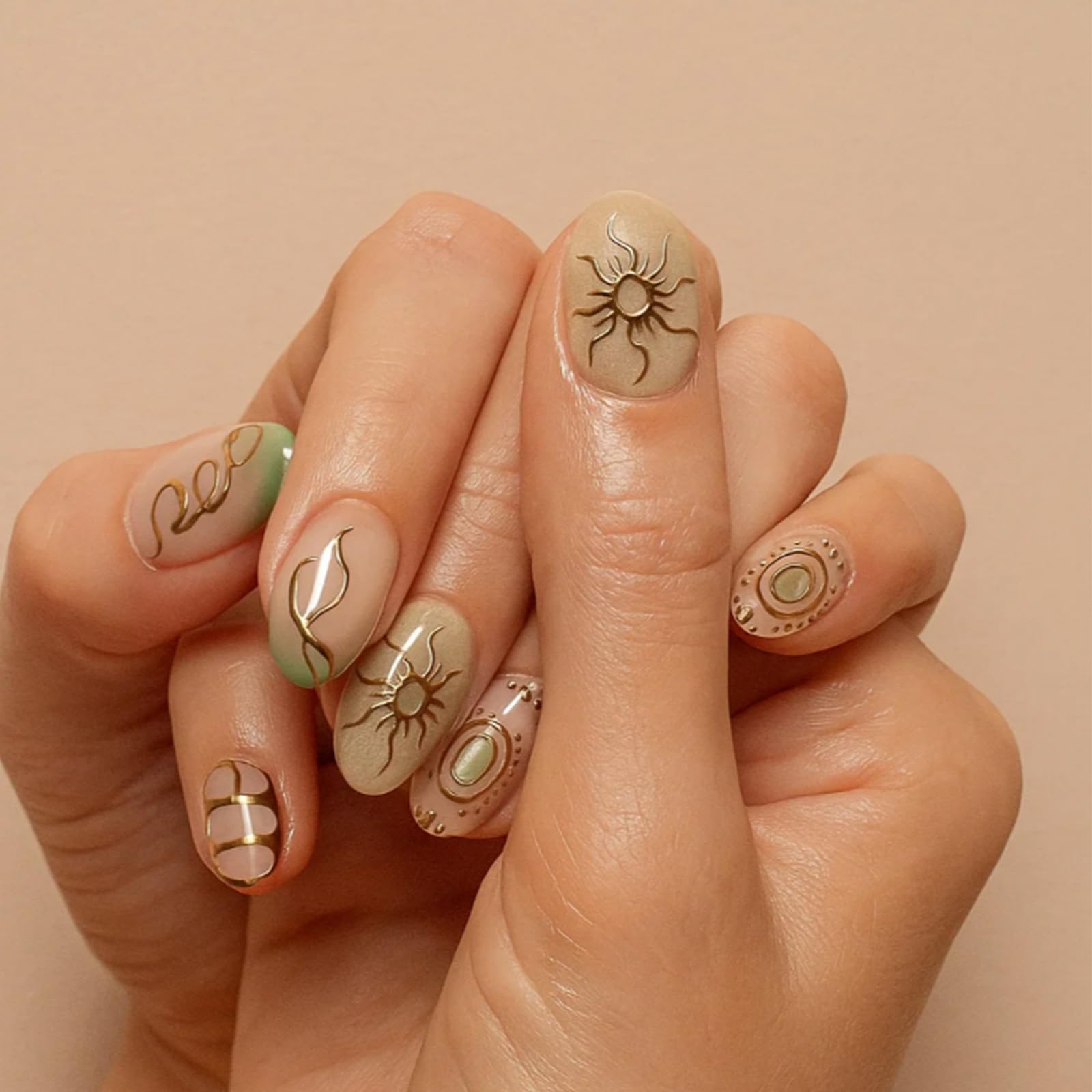 Short Oval Press On Nails, Green French Tip with Sun Pattern and Glitter Shine - Image 2