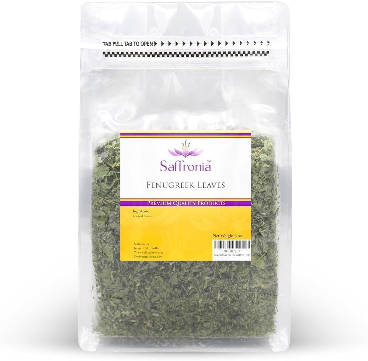Saffronia Dried Fenugreek Leaves, Vegan Friendly Kasoori Methi, Carefully Packaged In Resealable Bag, Ideal for Mexican, Indian, Mediterranean and Asian Cuisine - 6 Oz (170 g)