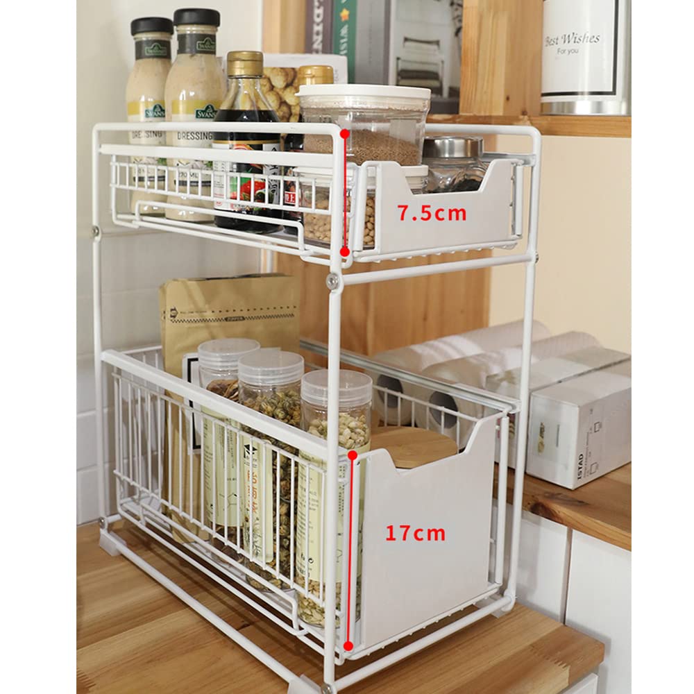 Drumm Cassetto di stoccaggio a 2 piani,Rinanizzatore sotto lavandino,Cestini scorrevoli rimovibili in metallo,Portaspezie per cucina,Bagno,Ufficio,Bianco