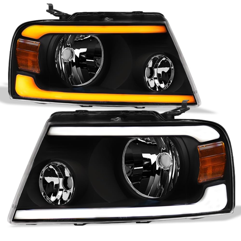 TLAPS 7422444251207 Compatible With 2004-2008 Ford F150 / 2006-2008 Lincoln Mark LT Switchback Sequential LED Strip Bar Black Housing Headlights With Amber Reflector