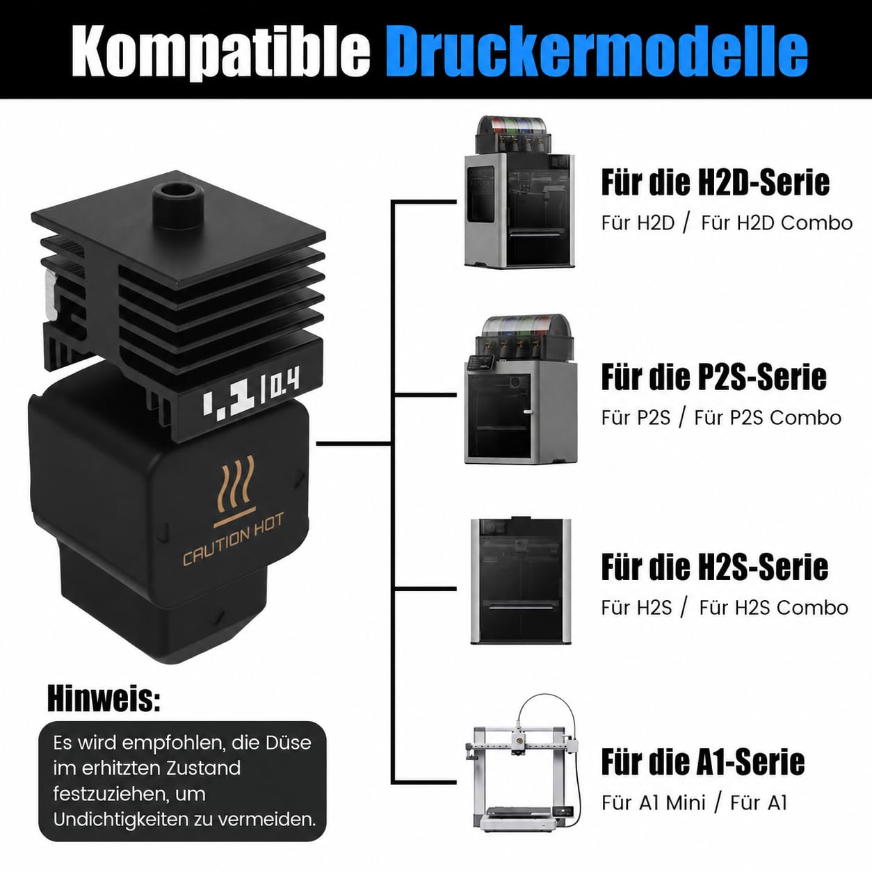 2-Pack 3D-Drucker Hotend-Kit 0,4mm Upgrade gehärtete Stahldüse Ersatz für P2S/H2D/H2S/A1/A1, mit 4PCS Silikon Abdeckung, Bis 550°C Hochtemperatur Magnetischer Schnellwechsel-Extruder