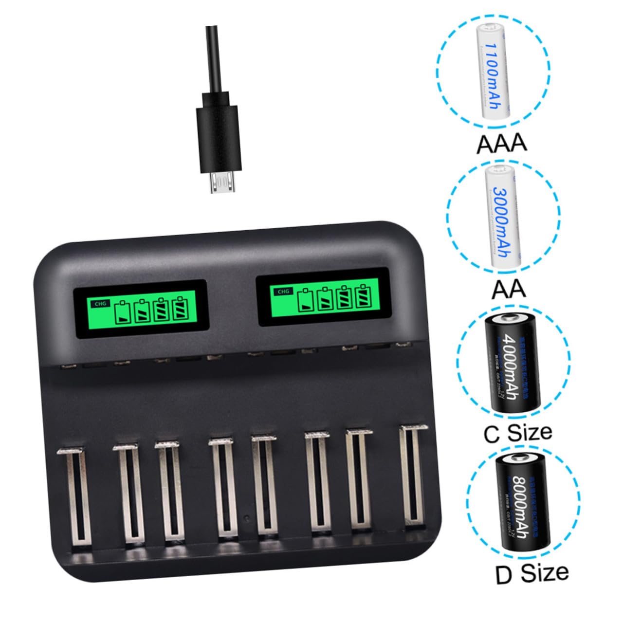 Cargador de Batería Inteligente USB de 8 Ranuras para AA y AAA