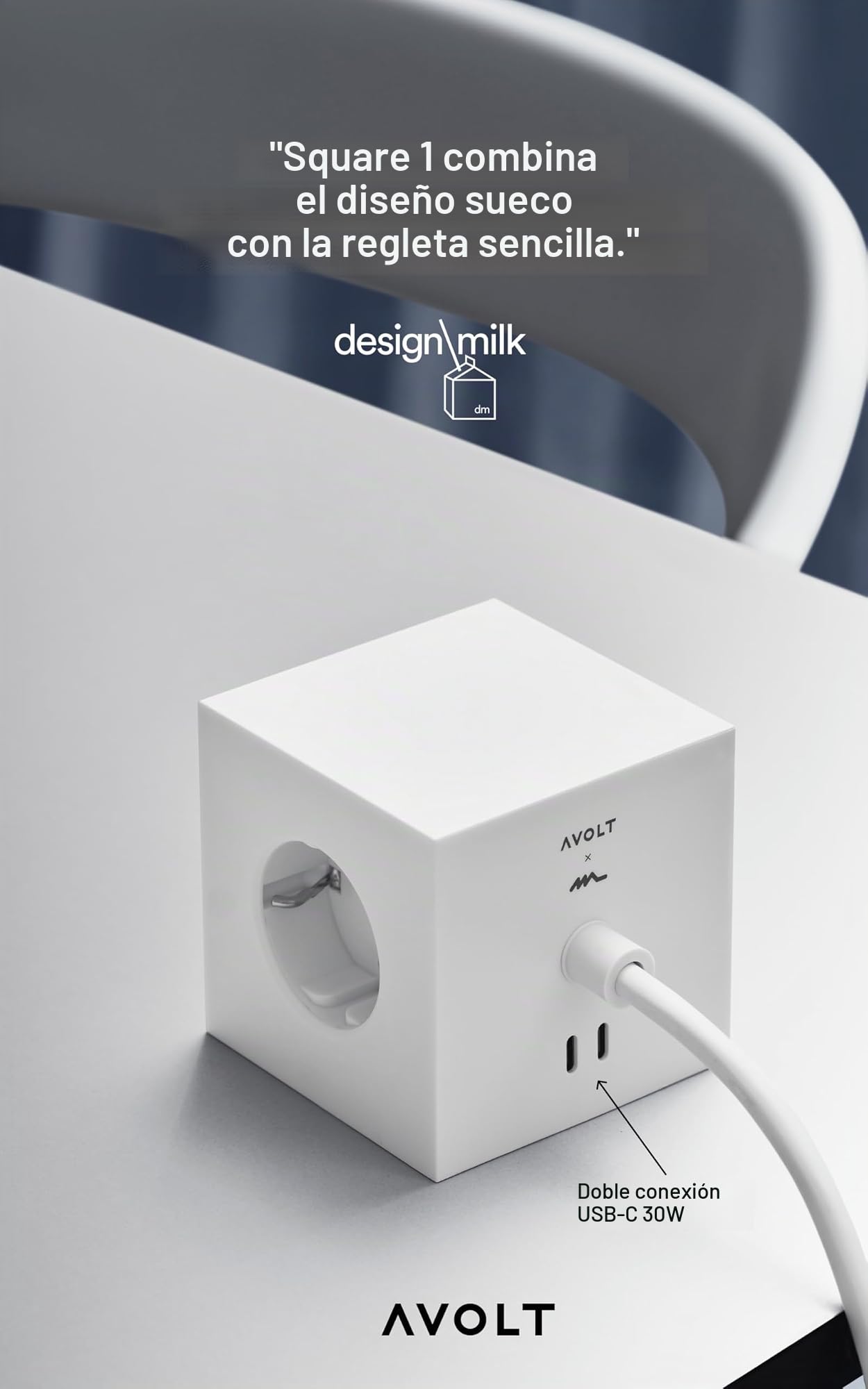 Avolt Square 1 Regleta Ladrón Cubo, 3 Enchufes, 2 USB-C 30W, 3m | Regleta ladrón beige, cable 3 m. Cubo magnético de diseño, carga rápida USB-C 30W para escritorio, hogar y oficina