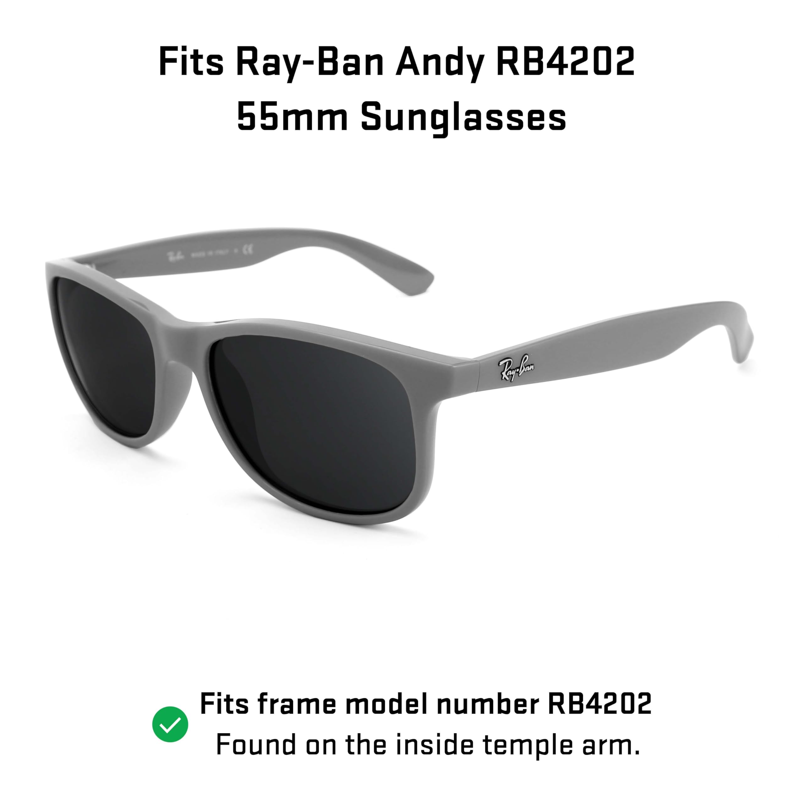 Revant Replacement Lenses for Ray-Ban Andy RB4202 55mm sunglasses, UV Protection, Anti-Scratch and Impact Resistant, Polarized Stealth Black