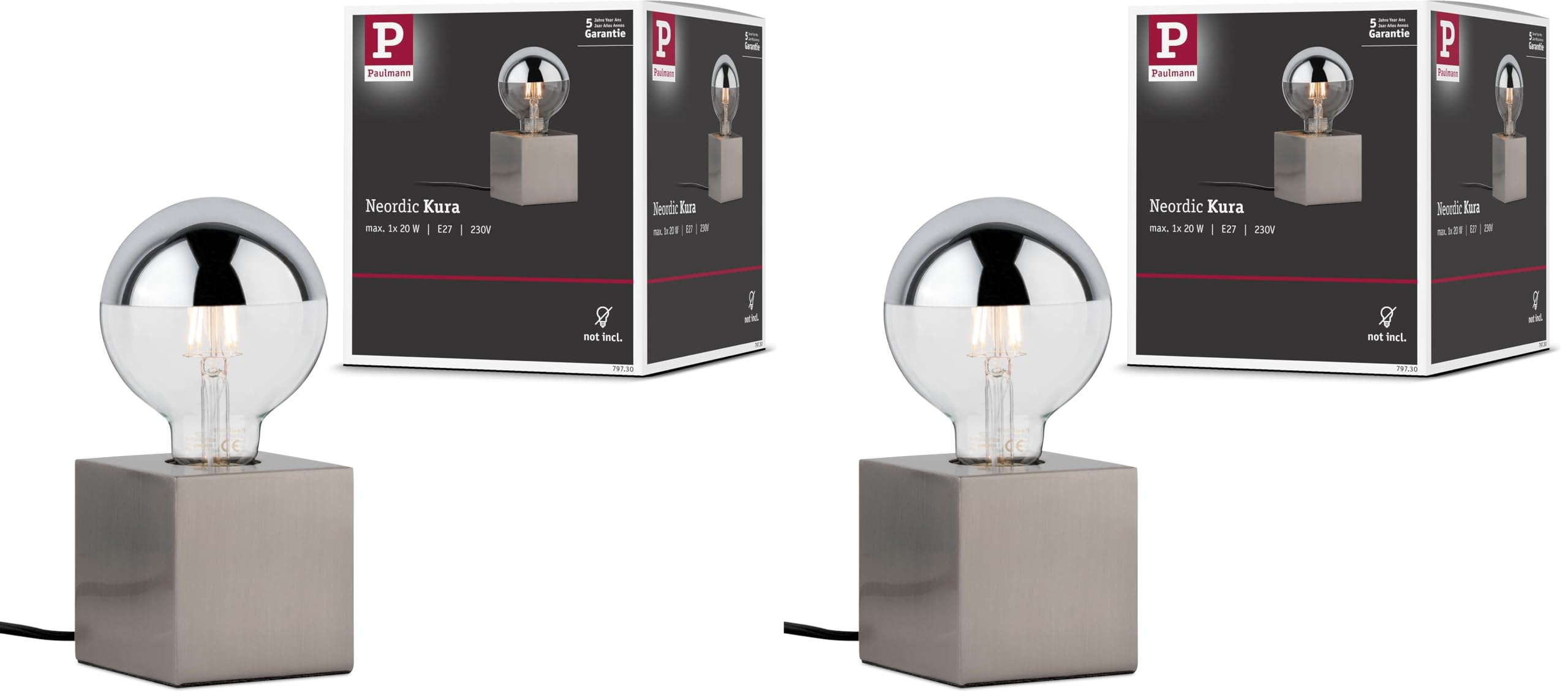 Paulmann 79730 Tischleuchte Kura max. 20 Watt Nachttischlampe Eisen gebürstet Tischlampe ohne Leuchtmittel Metall E27 (Packung mit 2)