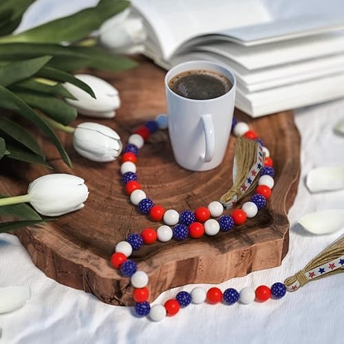 Miniatura 7 de YuanDe - Guirnalda de cuentas de madera con gnomo patriótico, 2 cuentas de oración para colgar en la pared, adornos patrióticos del Día de la