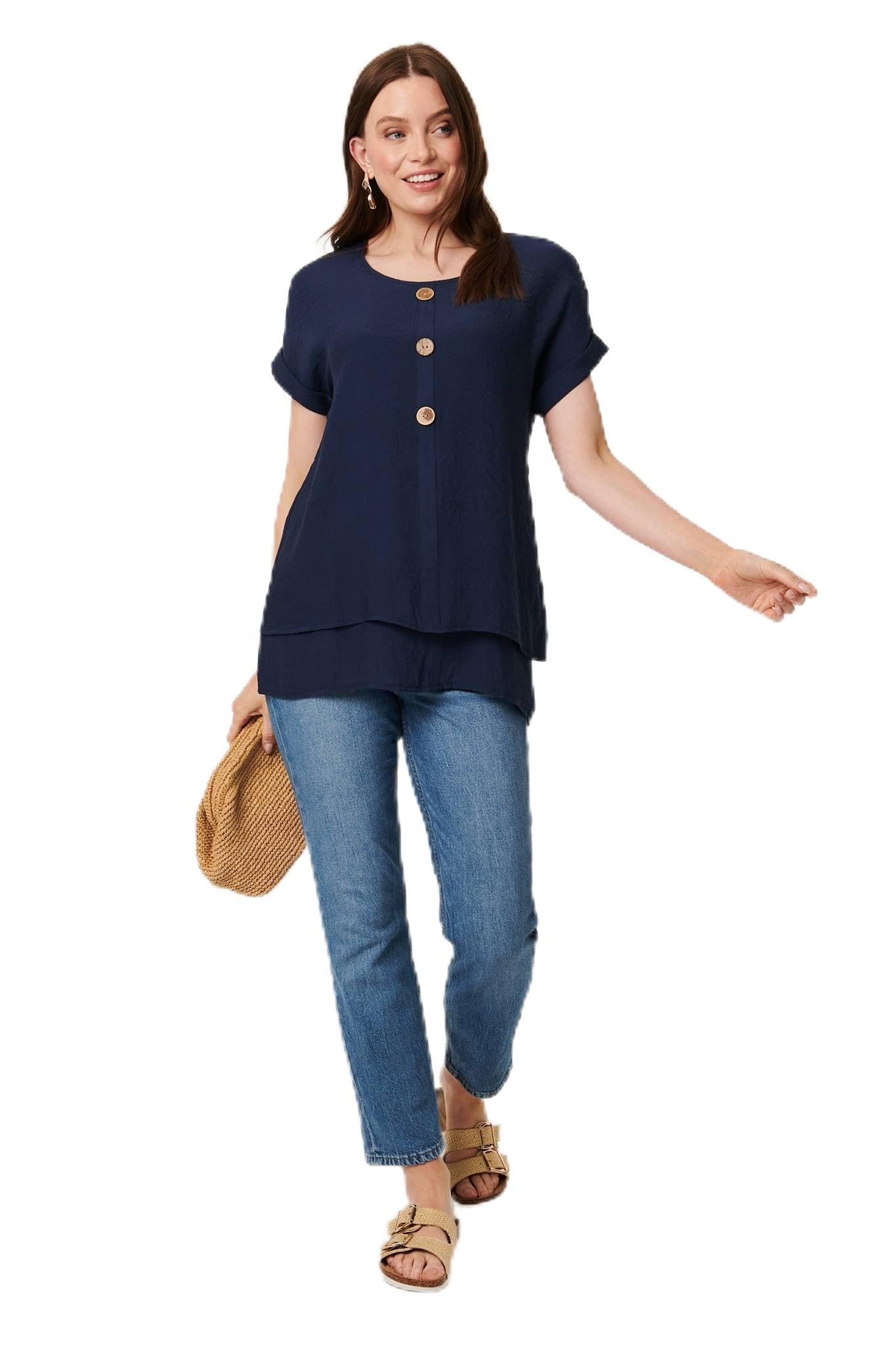 Izabel London Women's Navy Layered Hem Short Sleeve Tunic Top