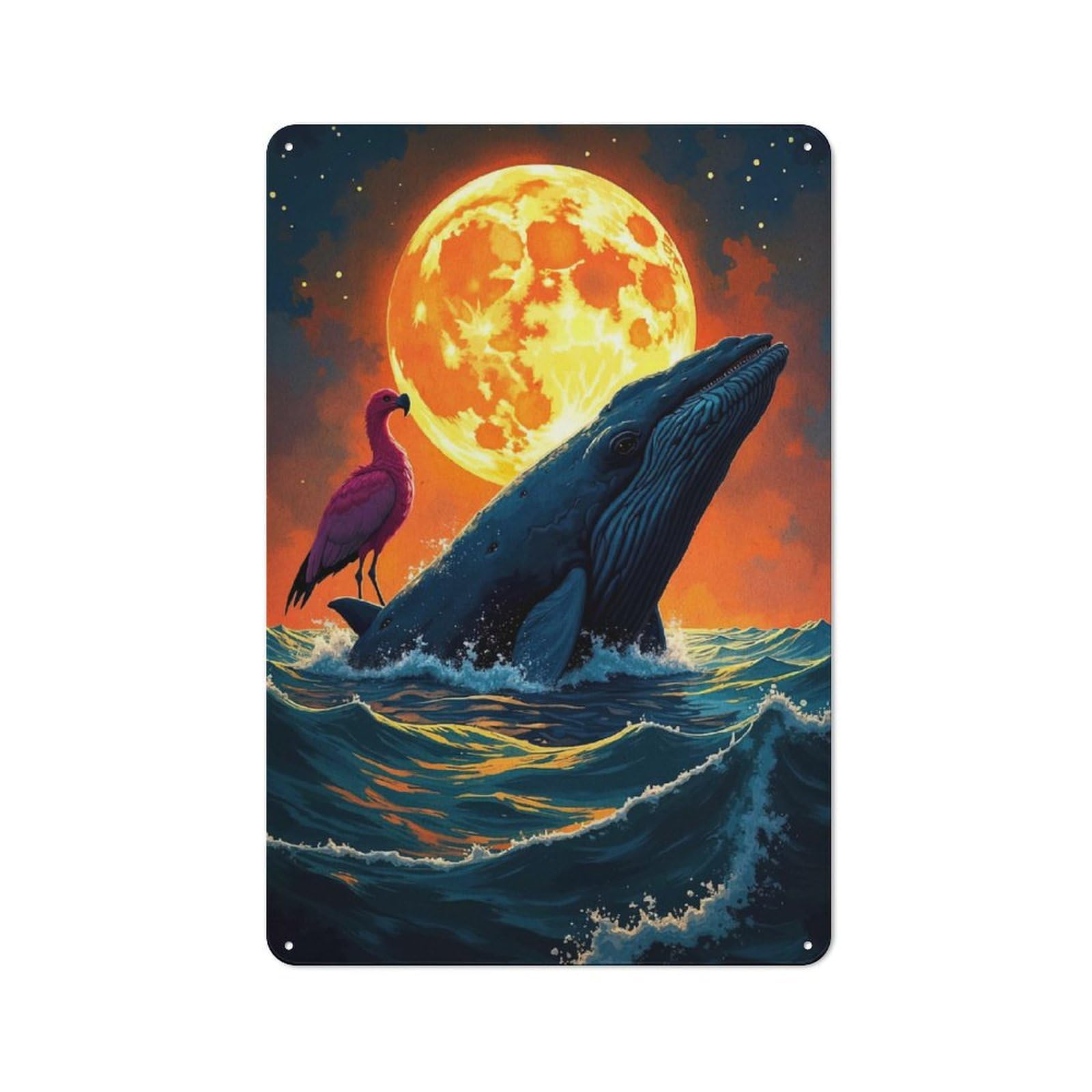 Junmoney Whale, Flamingo, And Moon Fantasy Art Rustic Metal Wall Sign 30X20cm For Café Or Restaurant, Gift Idea At Christmas For Café Owners And Decorators
