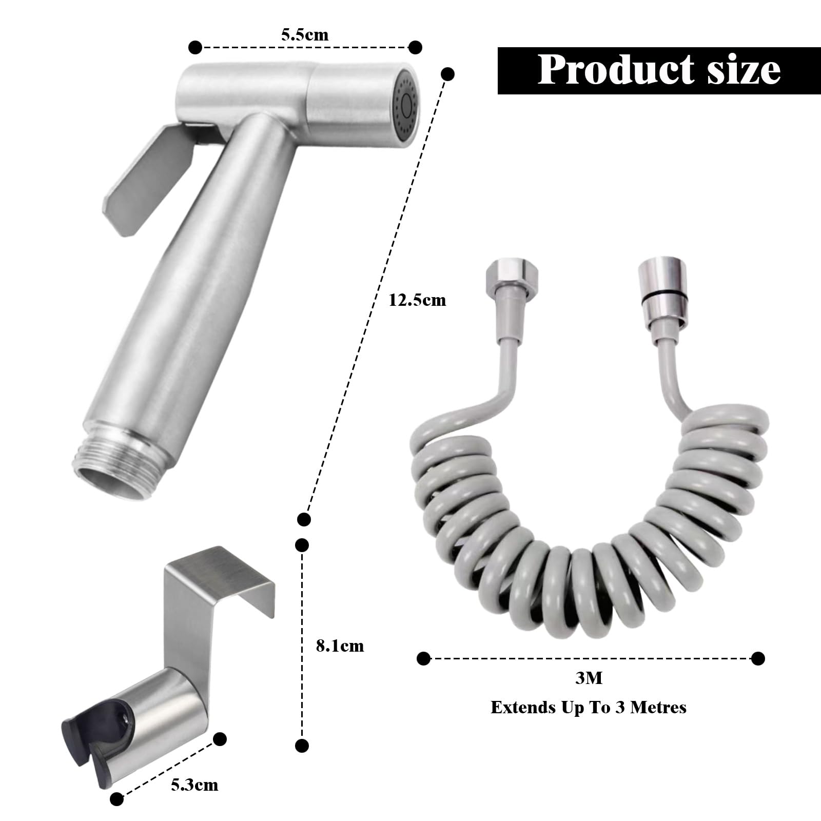 Doccetta per Bidet Kit, Doccino in Inossidabile, Spruzzatore WC con Tubo Flessibile 3M, Argento