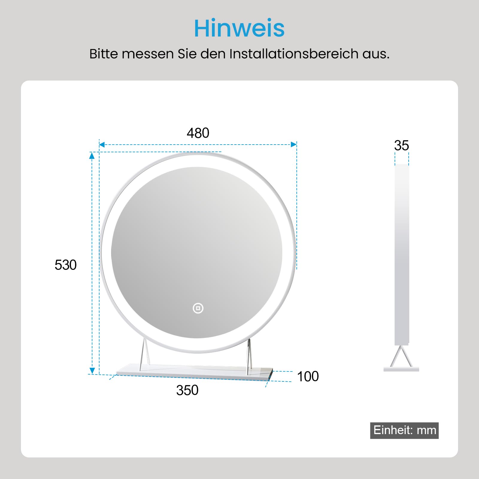 Heilmetz Schminkspiegel mit Beleuchtung Rund Φ48cm, LED Hollywood Spiegel mit Beleuchtung, Dimmbar 3 Lichtfarben, Touch Schalter, Makeup Kosmetikspiegel mit Licht - Weiß