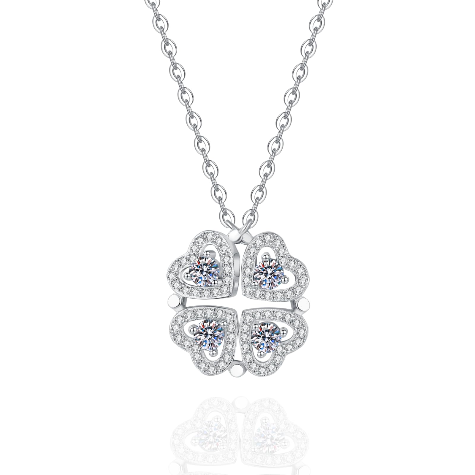callalove 2-in-1 Moissanite Lucky Heart Necklace & Four Leaf Clover Necklace for Women,Clover Heart Necklace,Two Wearing for One Moissanite Necklace,