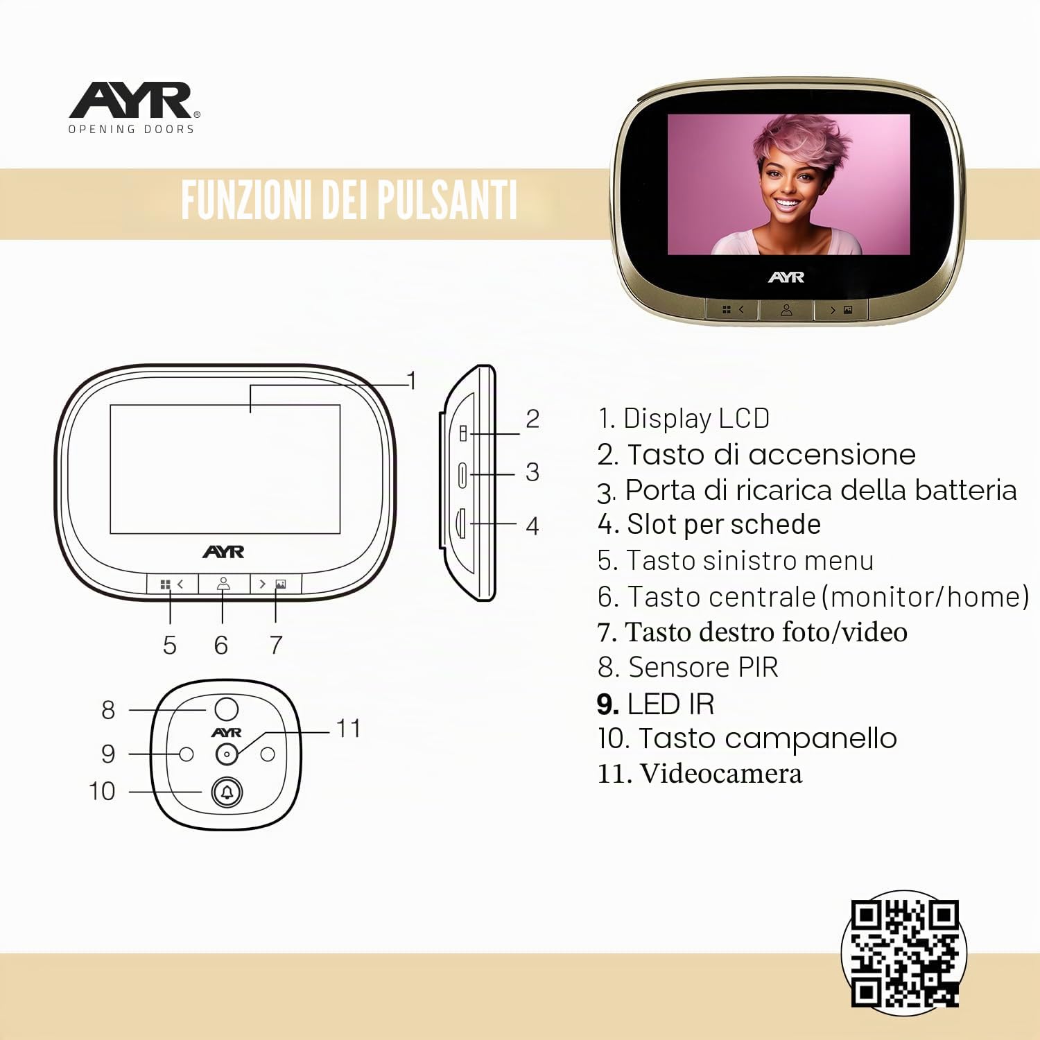 Spioncino digitale AYR 764. Proteggi la tua porta. Ampio schermo da 4,3", sensore di movimento, infrarossi e visione notturna. REGISTRA se c'è qualcuno nella tua porta.