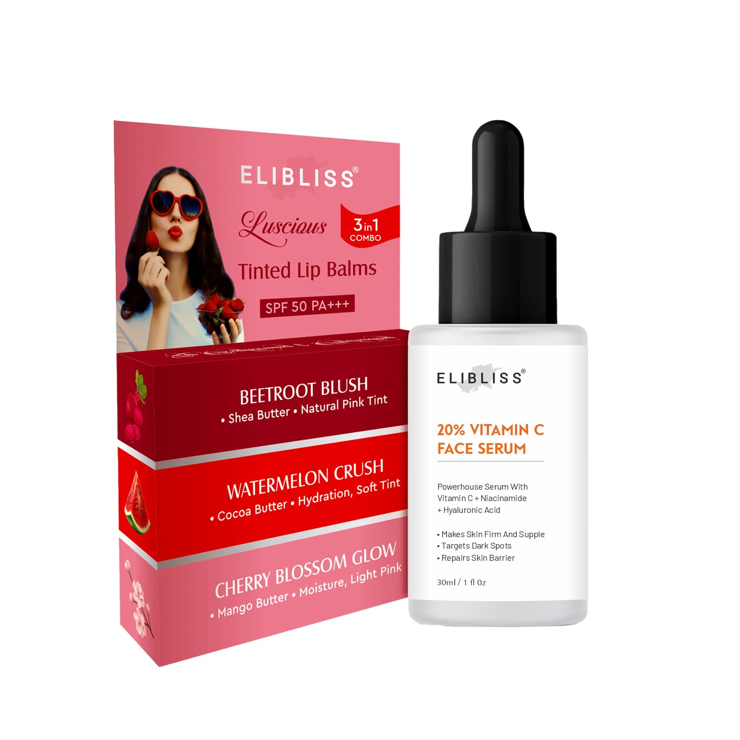 Elibliss Daily Skincare and Lip Care Combo | 20% Vitamin C Face Serum with Niacinamide and Hyaluronic 30ml | 3 in 1 Tinted Lip Balm Set with Beetroot Blush, Watermelon Crush and Cherry Blossom 15g-image-21