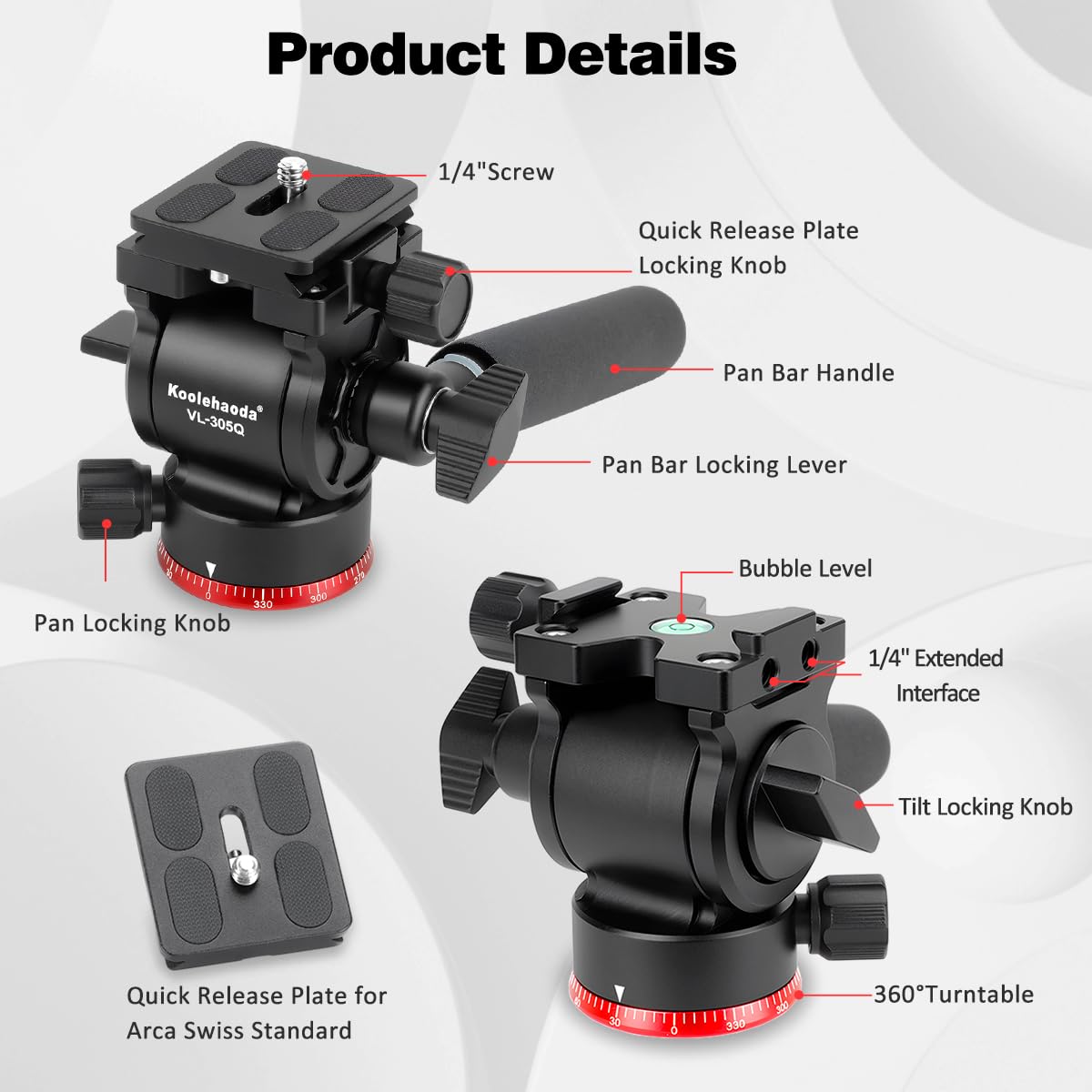 Koolehaoda Trépied Tête Fluide Vidéo Compacte Tête Panoramique Inclinable avec Plaque Arca pour Caméras Vidéo, Appareils Photo sans Miroir et DSLR, Charge 3 kg