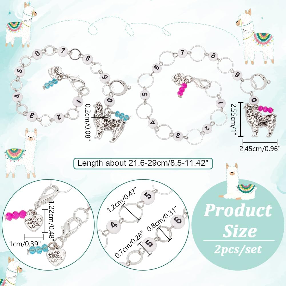 NBEADS 2 Pcs Alpaca Knitting Row Counter Chains, 2 Pcs Heart Stitch Markers Acrylic Beaded Row Counter Chains Row Counting Accessories with Iron Ring for Sewing Knitting Crochet Tracking