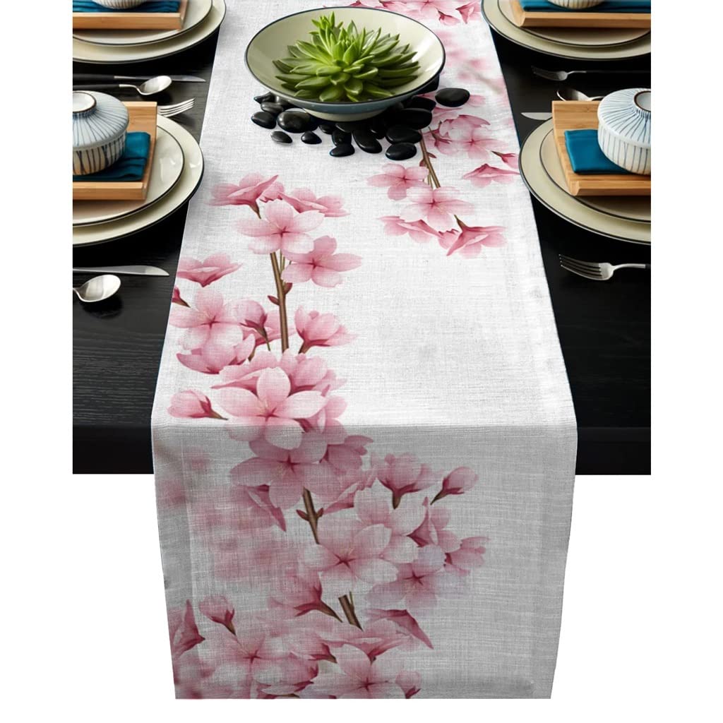 Chemin de table en lin et toile de jute imprimé cerisier 33x229cm