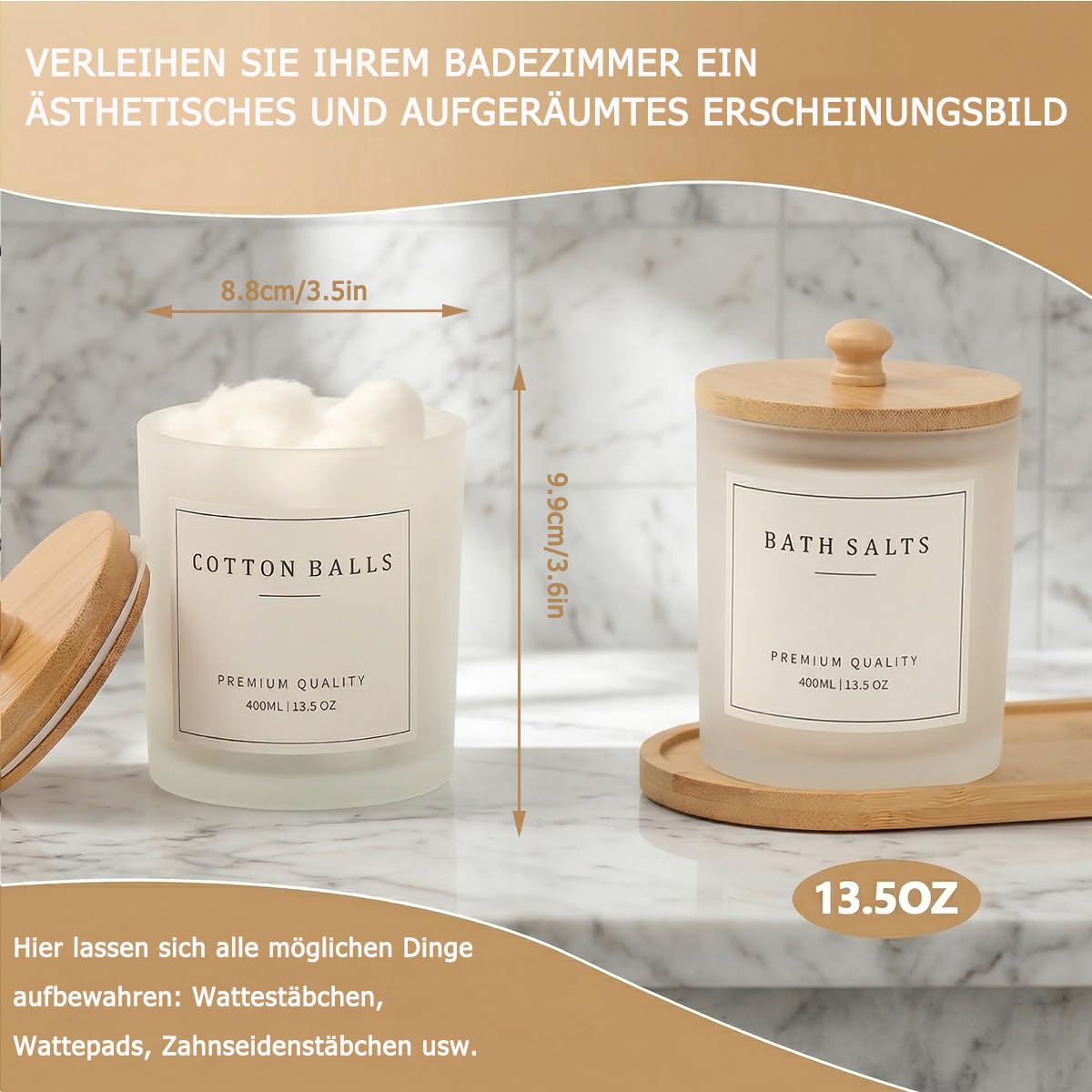 Glas Wattestäbchen Behälter mit Bambus Tablett, 400ml Badezimmer Organizer Set für Wattepads, Zahnseide Sticks, Haargummis & Schminktisch Aufbewahrung, Wattepadspender mit 28 Etiketten (MattWeiß-3er) - 4