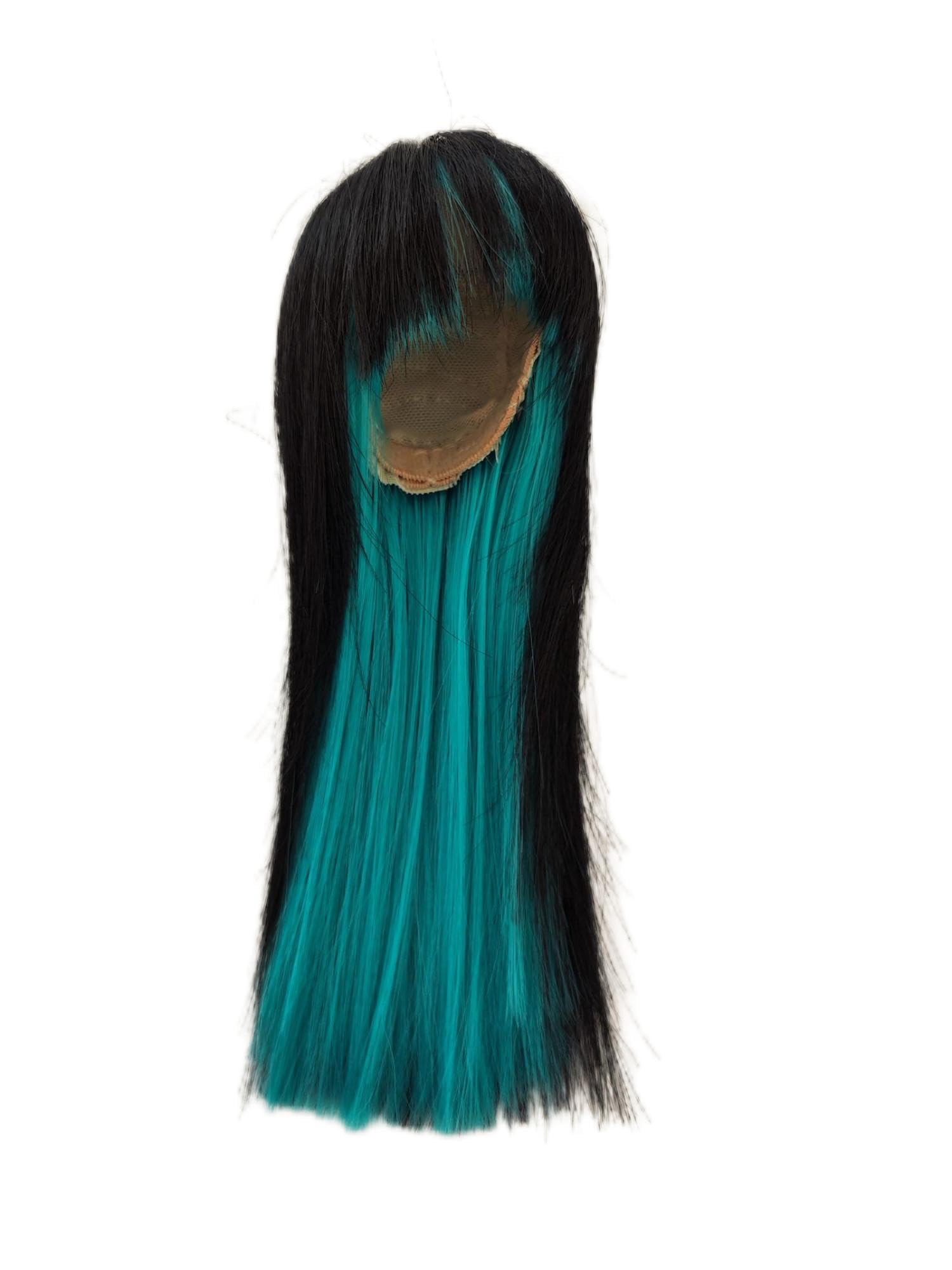1/6 bjd Wig Head Circumference 6-7inch(16-17cm) high Temperature Fiber Diagonal Bangs Long Straight Hair Black Above and Green Below
