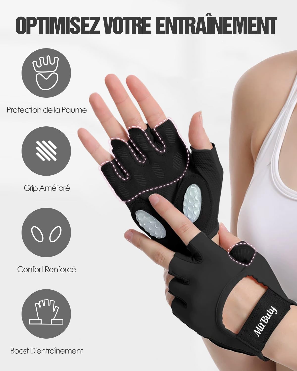 Gants Musculation pour Hommes et Femmes – Gants de Fitness sans Doigts pour Sport, Workout, Crossfit & Haltérophilie avec Points Silicone Antidérapants & Protection de la Paume