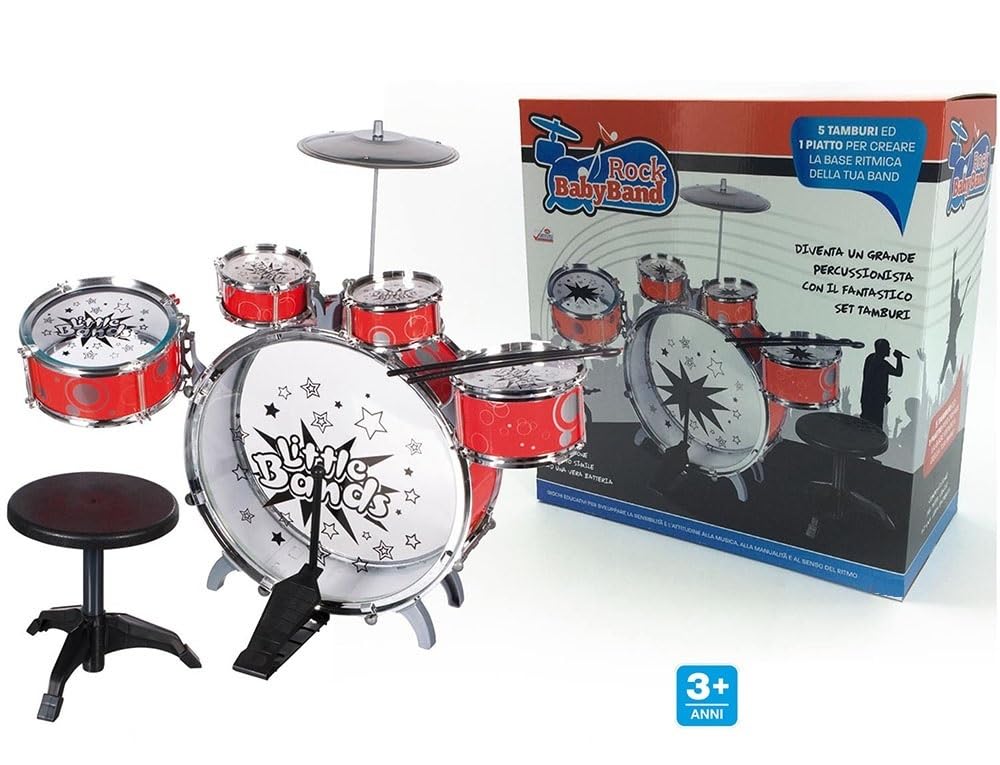 Batería musical para niños con taburete de batería para niños, instrumentos musicales con 5 tambores, 1 plato, 1 taburete, 2 baquetas, instrumento de percusión con silla de batería clásica