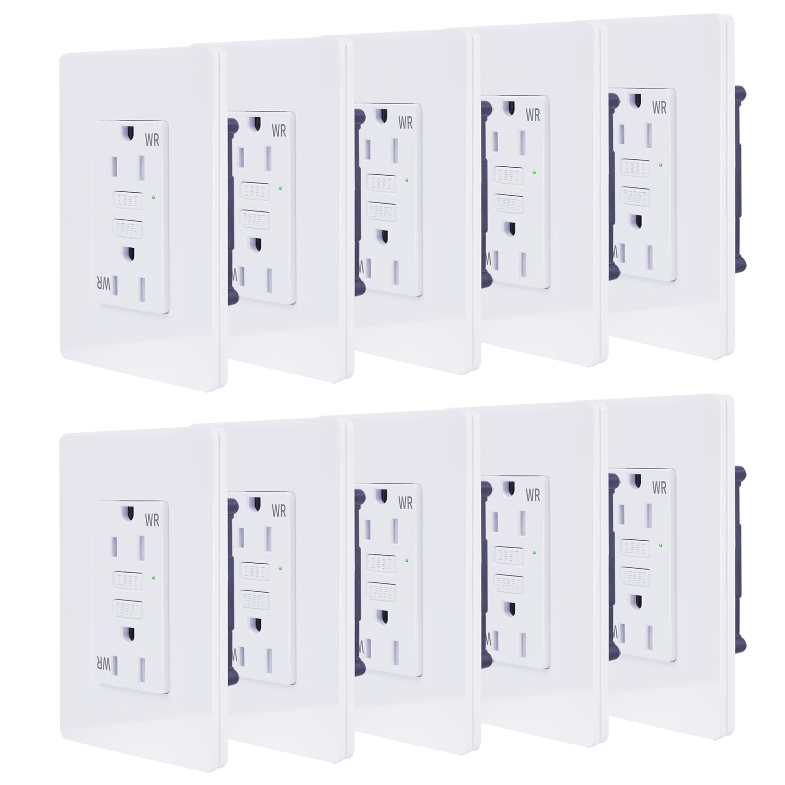 NineLeaf 15 Amp Thin GFCI Outlet, 15A Slim GFI Dual Receptacle, WR Weather Resistant, Slim Ground Fault Circuit Interrupters, Screwless Wall Plate Included, ETL Listed, 10 Pack