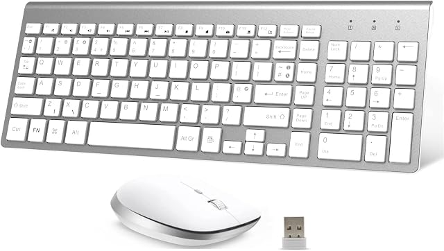 Wireless Keyboard and Mouse, GALENMORO QWERTY UK USB Ful-Size Stylish Slim Keyboard Silent Mouse Set for Windows PC/Laptop/Surface/Mac -White Silver