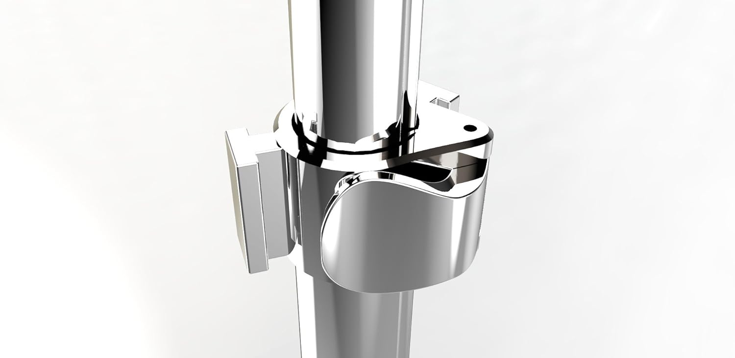 A close-up view of the pole clamp mechanism on the telescopic pole of the garment steamer.