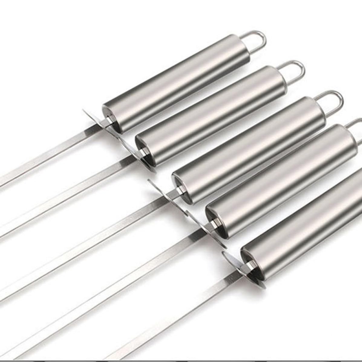 Brochetas de Acero Inoxidable 10 Piezas con Mango Térmico Ergonómico | Carne y Marisco, Uso en Barbacoa, Picnic y Senderismo, Acabado Plata, Herramientas de Barbacoa Reutilizables